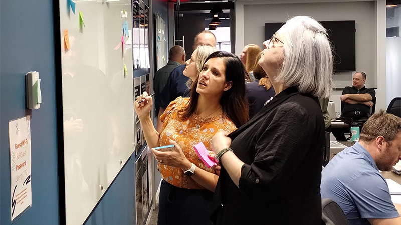 Photo of teachers at classroom board